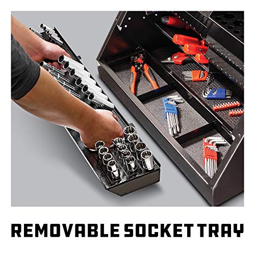 Powerbuilt 26 Inch Portable Slant Front Rapid Toolbox Tiered Tool Holders, 16 Gauge Steel, Weather-Resistant Lockable Magnetic Lid, Grey - 240102 - style: Hand Tool