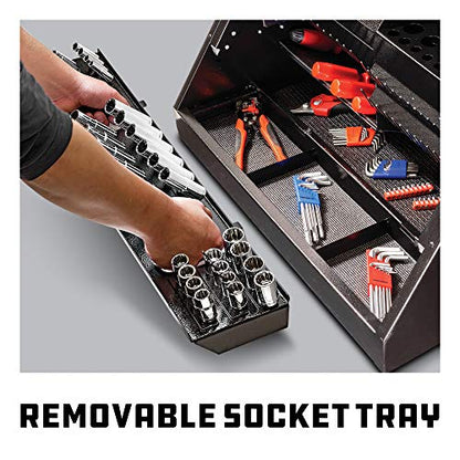 Powerbuilt 26 Inch Portable Slant Front Rapid Toolbox Tiered Tool Holders, 16 Gauge Steel, Weather-Resistant Lockable Magnetic Lid, Grey - 240102 - style: Hand Tool