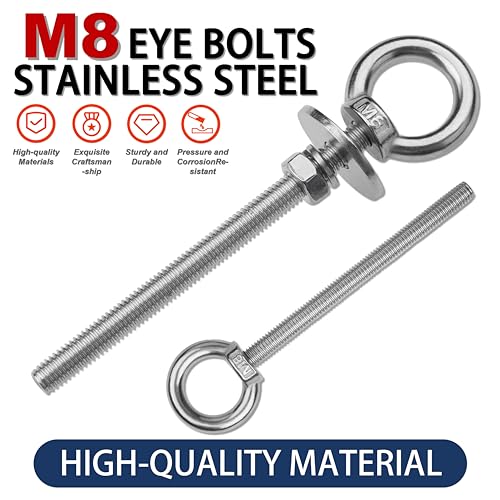 8 Pack M8 Stainless Steel Eye Bolts with Nuts, 5/16" x 4" Eye Bolts - size: M8x102mm (5/16"x4")
