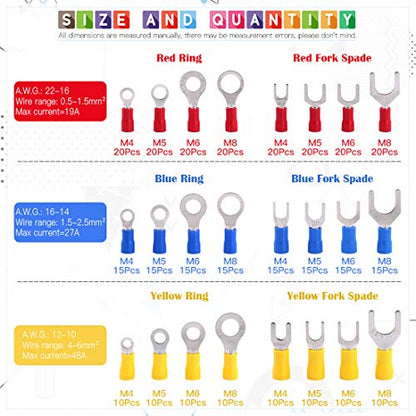 Glarks 360pcs 22-16/16-14/12-10 Gauge Quick Disconnect Electrical Insulated Spade Fork Ring Solderless Crimp Terminals Connectors Assortment Kit