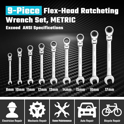 DURATECH 9-Piece Flex-Head Ratcheting Wrench Set, Metric