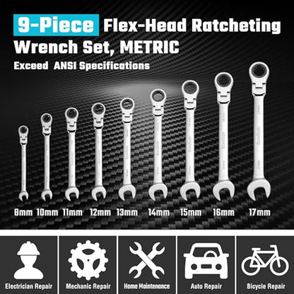 DURATECH 9-Piece Flex-Head Ratcheting Wrench Set, Metric