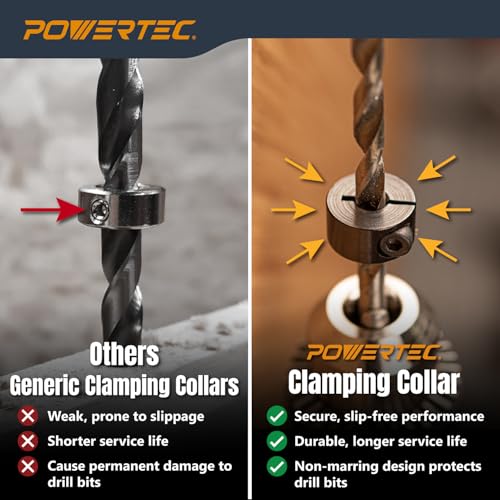 POWERTEC Drill Bit Stop Collar Set, 7 Piece Set Adjustable Drill Bit Depth Stopper with Allen Wrench, Bit Stop with Imperial System Size Markings - 1/8", 3/16", 1/4", 5/16", 3/8", 7/16", 1/2” (71491W) - style: 7PC Adj Drill Stop Set w/ Wrench