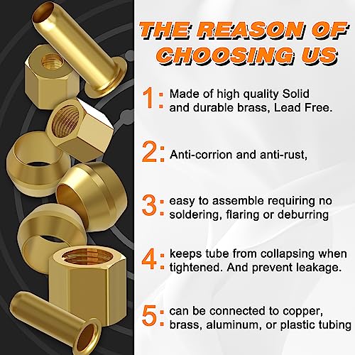 160PCS Brass Compression Sleeve Ferrule & Insert 1/4" 3/8" 5/16"1/2" kit - size: 160pcs Kit