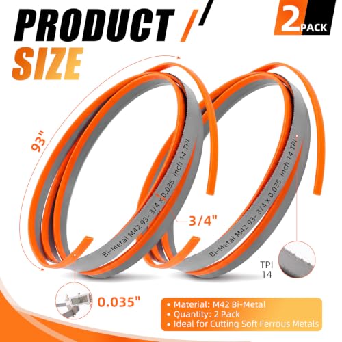 2 Pcs Band Saw Blades, 93" X 3/4" X 0.035",14 Tpi - color: 14 Tpi, size: 93" X 3/4" X 0.035"