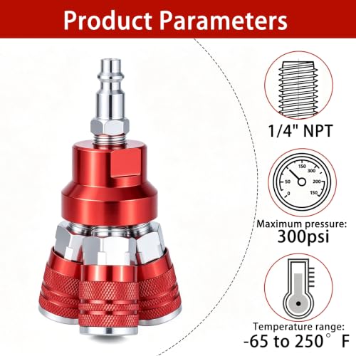3-Way Air Splitter Air Manifold 3 Way Industrial Air Connect Fitting 3 Couplers Compressor Splitter Accessories（Red） - color: Red