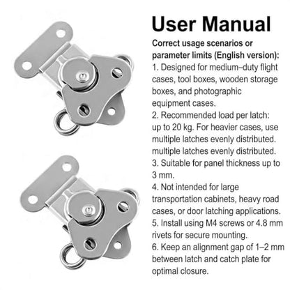 QWORK Compact Stainless Steel Catch Latch 2"x1.5" – 4 Pack Secure Closure for Flight Cases, Tool Boxes & Gear Cases