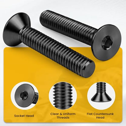 1/4-20 x 1-1/2" Flat Head Socket Cap Screws Countersunk Bolts, Stainless Steel 18-8 (304), Fully Threaded, Black Finish, Hex Spanner Included, 50 PCS - color: Black, size: 1/4-20 x 1-1/2"