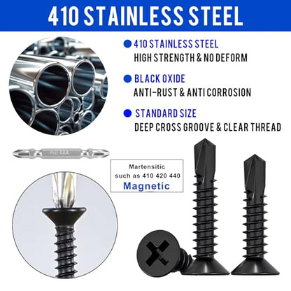 100Pcs Self Tapping Screws for Metal, 410 Stainless Steel, Black Coating, #8 x 1-1/2" Phillips Drive Flat Head Self Drilling Screws, Countersunk Sheet Metal Screws, Deck Screws Kit with 1 Bits - size: 100pcs #8 x 1-1/2", style: Flat Head