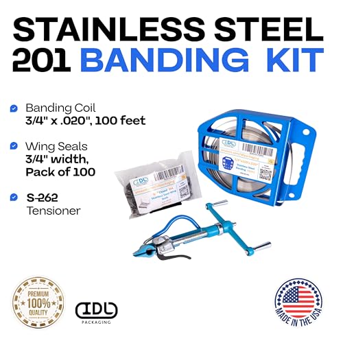 IDL Packaging 3/4" Stainless Steel 201 Banding Kit - Heavy-Duty Banding Tool + 3/4" x 0.02" x 100' Stainless Steel 201 Banding Coil + 100 Stainless Steel Wing Seals - size: 3/4" x 0.02" x 100', style: SS 201 + Seals