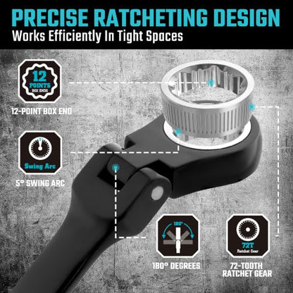 DURATECH Extra Long Flex-Head Ratcheting Wrench Set, 6-Piece, Metric - size: 8-19mm, Black