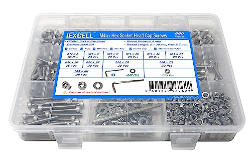 iexcell 660 Pcs M4 x 5/6/8/10/12/14/16/18/20/25/30 Stainless Steel 304 Hex Socket Head Cap Screws Bolts Nuts Washers Assortment Kit - size: M4 x 5/6/8/10/12/14/16/18/20/25/30mm