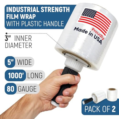 5” x 1000’ Stretch Wrap Mini 2 Rolls with Handle – Clear Plastic Stretch Film 80 Gauge, 500% Elongation, Heavy Duty Shrink Wrap for Moving, Packing & Shipping - style: Pack of 2