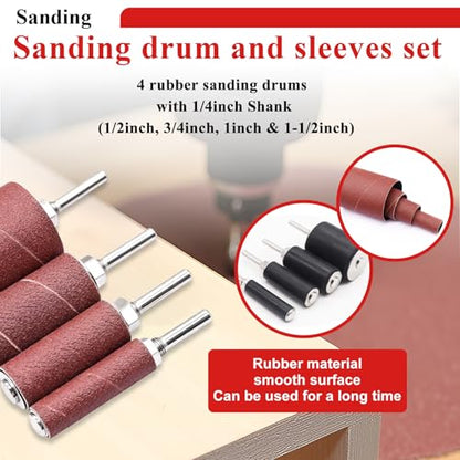 Tnisesm 187 PCS Sanding Drum and Sleeves Kit – Includes 2inch Spindle Sander Sleeves (60/80/120/240 Grit), 4 Rubber Sanding Drums, 1/4-Inch Shank,Versatile Sander Accessory with Box - size: 10SIZE-187PCS