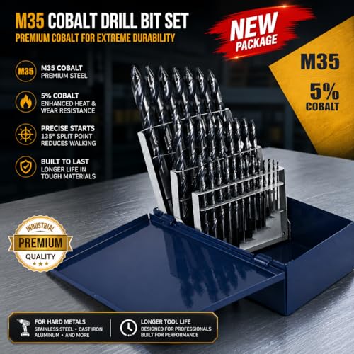 Steel Vision 29pc Hyper-Step M35 Cobalt Drill Bit Set, AlTiN Coated, 1/16" to 1/2" by 64ths, Split Point Metal Drill Bits for Stainless Steel, Hardened Steel, Cast Iron - style: 29 pc Stepped Drill