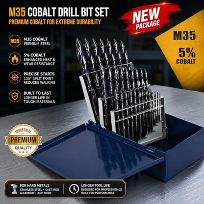 Steel Vision 29pc Hyper-Step M35 Cobalt Drill Bit Set, AlTiN Coated, 1/16" to 1/2" by 64ths, Split Point Metal Drill Bits for Stainless Steel, Hardened Steel, Cast Iron - style: 29 pc Stepped Drill