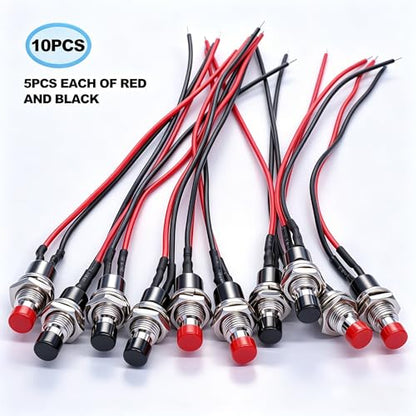 Twidec/10PCS 3V-6V-12V-24V-250V Momentary Push Button Switch 2 Pins ON/Off SPST 7mm Black and Red Normal Open 1A Mini Round Button Switch with Pre-soldered Wires PBS-110-XBKR - color: Black＆Red-7mm, size: Momentary
