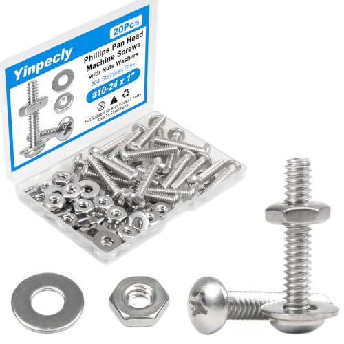 20 Sets #10-24 x 1 Pan Head Machine Screws Nuts Washers Kit - size: #10-24 x 1"