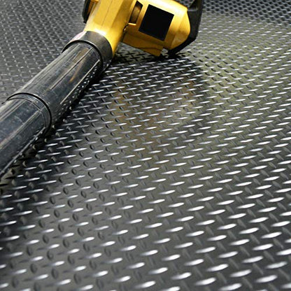 Rubber-Cal Diamond-Plate Rubber Flooring Roll - 3 mm x 4 ft x 15 ft Roll - Black - size: 180"L x 48"W x 0.1"Th