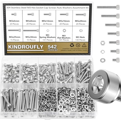 542 Pieces M3 x 6/8 /12/16 /20/25 /30mm Hex Socket Head Cap Screws Nuts Washers Assortment Kit, 304 Stainless Steel, Fully Machine Thread - size: M3, style: Socket Head