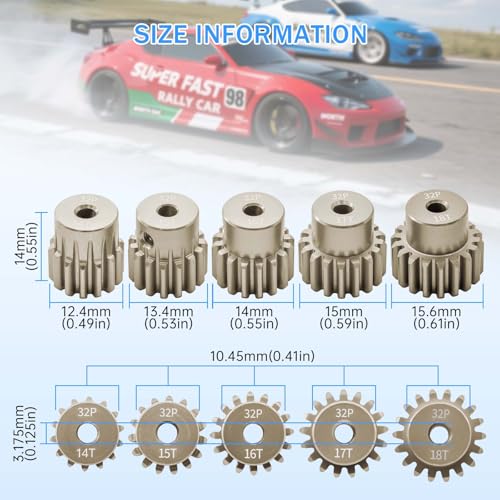 32P Pinion Gear Sets 14T 15T 16T 17T 18T for Shaft 3.175 RC Motor Compatible with HPI Kyosho Losi Axial Tamiya 1/10 RC Car Monster Truck Upgrade Parts (7075 Aluminum) - size: 14T 15T 16T 17T 18T