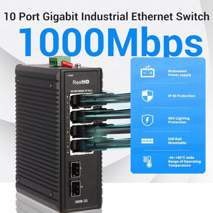 Industrial Ethernet Switch, 10-Port Gigabit Din Rail Switch Hardened, 1000Mbps, 8 Ethernet Ports + 2 SFP Port, Din Rail & Wall Mountable (-40 to 185 F), 20Gbps Switching Capacity, with UL Power Supply