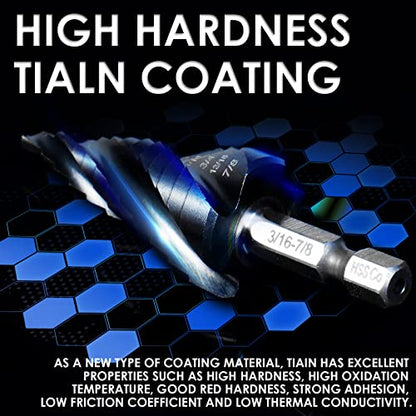 Matework M35 Cobalt Step Drill Bit, Four Spiral Flute Unibit Step Drill Bit (3/16"-7/8") Wear-Resistant TiAlN Coated, 1/4" Hex Shank for Metal, Carbon Steel, Stainless Steel, Wood, Plastic (12 Size) - size: 3/16"-7/8"