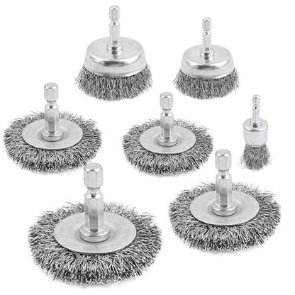 Wire Brush Set 7 Pcs - Abrasive Wheel, Cup Brush, Coarse Crimped Carbon Steel Attachments for Drill with 1/4 Inch Hex Shank (7)