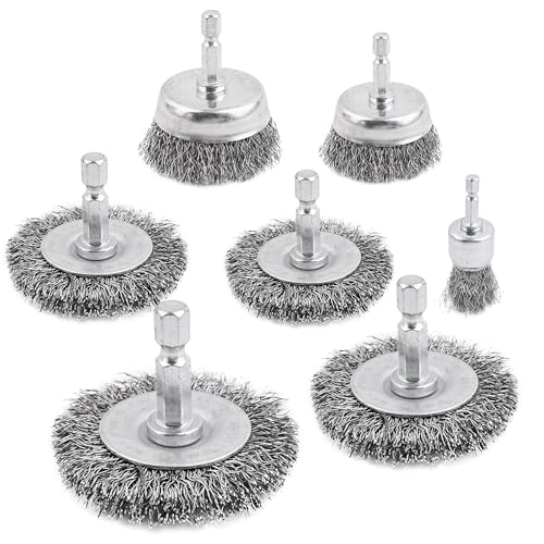 Wire Brush Set 7 Pcs - Abrasive Wheel, Cup Brush, Coarse Crimped Carbon Steel Attachments for Drill with 1/4 Inch Hex Shank (7)