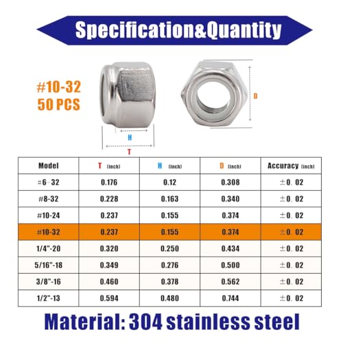 #10-32 Nylon Insert Hex Lock Nuts 50 Pack 304 Stainless Steel Self-Locking Nylon Lock Nuts Plain Finish for Industrial Construction Fasteners - size: #10-32 (50 pcs)
