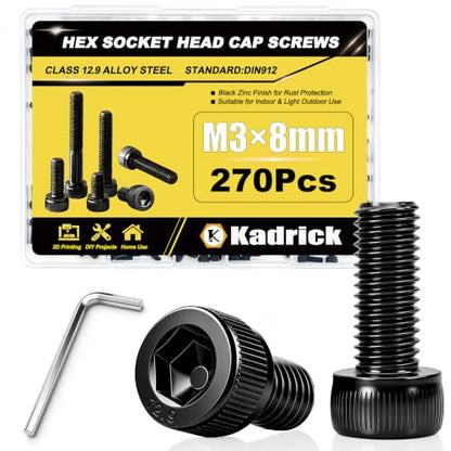 KADRICK 270PCS M3 x 8mm Hex Socket Head Cap Screws, M3-0.5 Fully Threaded - size: M3x8MM 270PCS