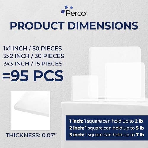 Perco Double Sided Tape Squares, Clear Nano Tape, 95 Pre-Cut Mounting Squares – 50 1"x1", 30 2"x2", 15 3"x3" – Multi-Size Adhesive for Wall Décor, Crafts, DIY, Office, Home Use, Multi-Purpose Projects - size: 1x1 + 2x2 + 3x3 inches
