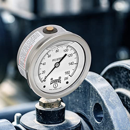 Winters 2-1/2" Dial Size, Liquid Filled Industrial Pressure Gauge, Brass Internals, 304 Stainless Steel Case, Single Scale 0-160 psi, 1.5% Acc, 1/4" NPT Bottom Mount, Glycerin Filled Pressure Gauge - style: 0/160 PSI