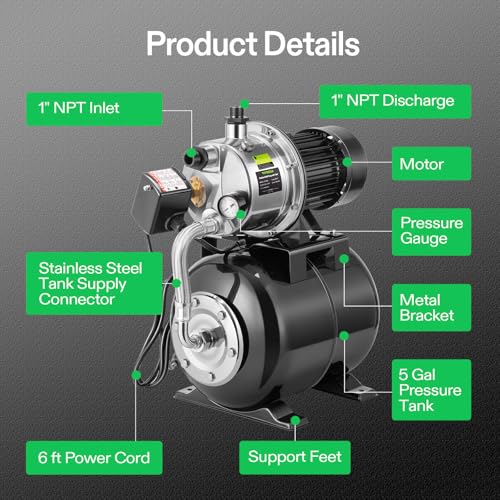 VIVOSUN 1.6 HP Shallow Well Pump with Pressure Tank, NSF Certified, 1320GPH - size: 22"×13"-1320