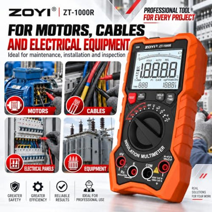 ZOYI ZT-1000R 2 in 1 Megohmmeter Multimeter, 50V/100V/250V/500V/1000V 5 Gear with DAR&PI, Insulation Resistance up to 20GΩ, 19999 Counts Auto Range T-RMS, V,Ω,C,FREQ,Temp, Diode,Continuity Tester