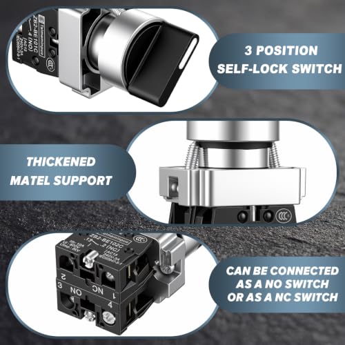 Xuhal 8 Pcs 22mm 3 Position Spst Rotary Selector Switch Self-Locking On/Off - style: 3 Position