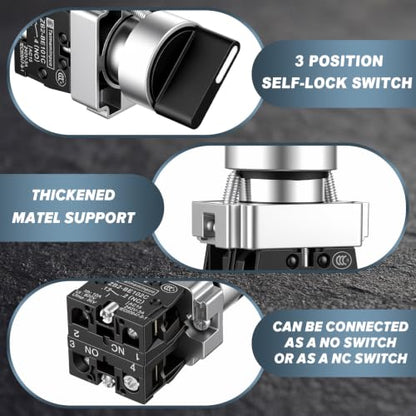 Xuhal 8 Pcs 22mm 3 Position Spst Rotary Selector Switch Self-Locking On/Off - style: 3 Position
