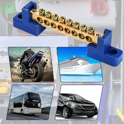TOPZEA 10 Pack Terminal Bus Bar, 8 Positions Screw Brass Terminal Grounding Strip Bus Bar for Car Boat Marine Ground Electrical Power Distribution, Blue