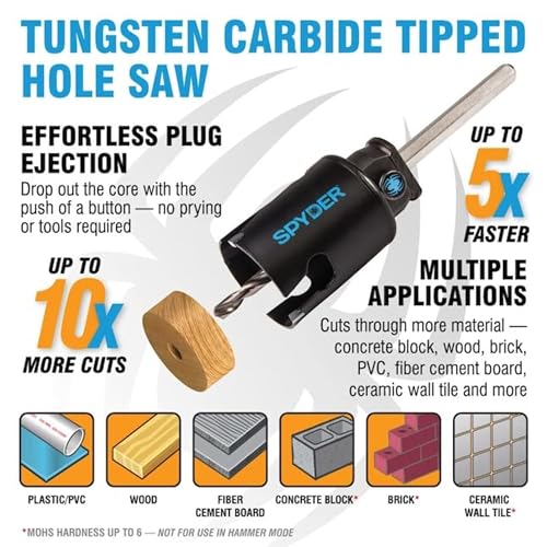 Spyder 14-Piece Carbide Tipped Deep Cut Hole Saw Kit, 11 Hole Saws, 1 Arbor, and 2 Pilot Bits, Rapid Core Eject Arbor System - size: 14-Piece Set