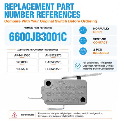 2-Pack 6600JB3001C Normally Open Refrigerator Micro Switch for LG