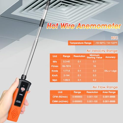 Hotwire Anemometer Handheld for Air Celocity, in-Duct Airflow and Temperature, HVAC Wind Speed Meter with Revolve Telescopic Probe, Bluetooth App, Digital Air Flow Meter CFM Meter GR-9100A