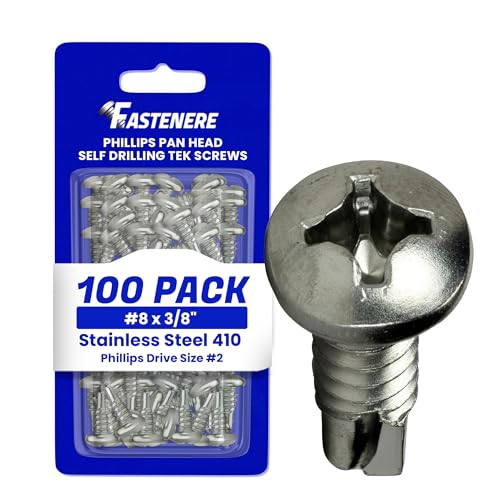 Fastenere Pan Head Self Drilling Tek Screws - #8 x 3/8" (100 Pack) Stainless Steel 410, Full Thread, Bright Plain Finish, Corrosion-Resistant, Self-Drilling, Easy to Install w/Phillips Drive Size #2 - size: #8 x 3/8" (100 Pack)