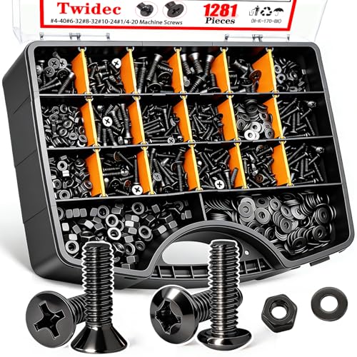 Twidec/1281PCS Nuts and Bolts Assortment Kit,Machine Screws,Black 304 Stainless Steel Phillips Pan Head and Flat Head Screws #4-40#6-32#8-32#10-24#1/4-20 with Nuts, Bolts,Washers in the Storage Case - color: Black SS 1281PCS #4 #6 #8 #10 #1/4-20