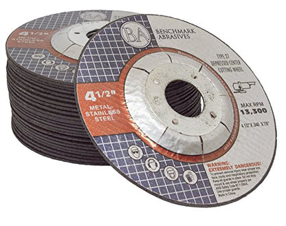 Benchmark Abrasives Grinder Cut Off Wheels 4 1/2 Inch Aluminum Oxide Depressed Center Thin Type 27 for Metals, .040" Thick 7/8" Arbor, Angle Grinder Cutting Disc, Grinding Cutting Wheel - 50 Pack