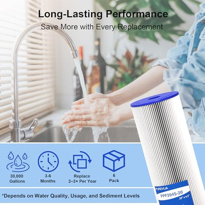 20" x 4.5" Pleated Sediment Water Filter Cartridge 20 Micron 6-Pack - size: 6 Count (Pack of 1), style: 20 Micron