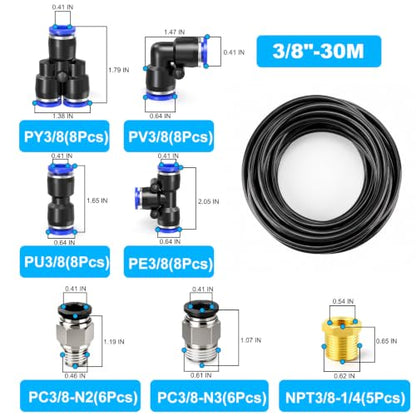 51PCS Black PU Air Hose Pipe Tube Kit, 3/8" OD 1/4" ID, 90FT - size: 3/8" OD x 90FT