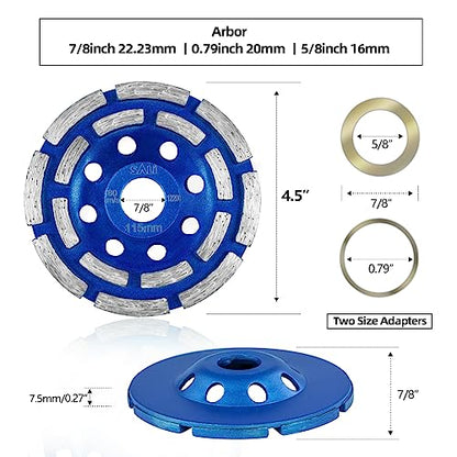 SALI Diamond Concrete Grinding Wheel 4 1/2 inch for Polishing and Cleaning Stone Concrete Surface, Cement, Marble, Rock, Granite, and Thinset Removing, Angle Grinder Double Rows Wheels Cup 115*22.2MM - style: Double Rows