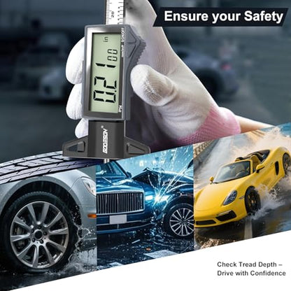 GODESON Digital Tire Tread Depth Gauge - IP54 Waterproof, 2.5" LCD Screen, 3 Modes (Fraction/Inch/MM), 1" Range, Auto-Off, Tire Wear Measure Gauge Tool 32nds for Car, Truck & SUV Tires - style: IP54 IN/MM/FRAC - Grey