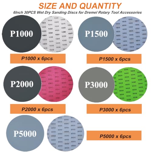 30PCS 6 Inch No‑Hole Wet Dry Sanding Discs, Hook and Loop 1000‑5000 Mixed Grit Silicon Carbide Sandpaper for DA/Orbital Sander, Fine Polishing for Automotive, Metal, Resin - size: 6Inch-30PCS