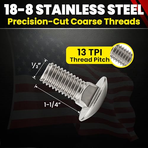 Chenango Supply 1/2-13 x 1-1/4" Stainless Carriage Bolts - size: 1/2-13 x 1-1/4"